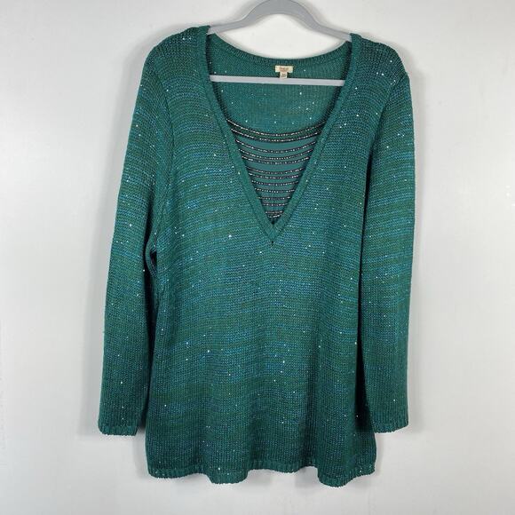 Reba Plus Size 3X Sequin Embellished Sparkle Sweater Green - Picture 1 of 6